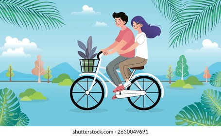 couple of love traveling on bikes. Modern design for travel, active lifestyle. Courier riding bike and checking address on phone. Cycle ride touring vector illustration