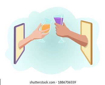  couple in love and two clinking  wine glasses isolated in valentines day or holiday- cheers  cartoon flat design vector illustration hands from tablets on the internet- holding of a toast a splash