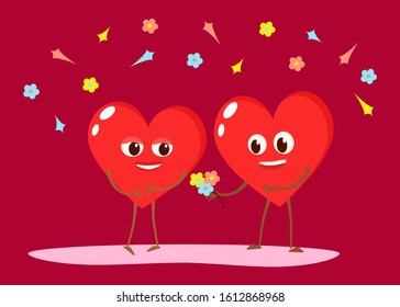 Couple in love. Two cute, happy hearts, character, animation. Happy Valentine's Day. Vector illustration.