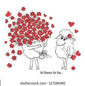 Couple in love. Two cute sheeps with big beautiful bouquet of flowers. Idea for greeting card with Happy Wedding or Valentine's Day. Cartoon doodle vector illustration