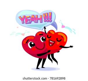 Couple in love. Two funny cute flat cartoon hearts, one of them holds the other in his hands. Speech bubble yeah, wings elements. Happy valentines day, wedding, happiness concept. Vector illustration