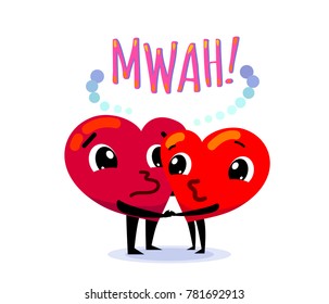 Couple in love. Two funny cute flat cartoon hearts kisses each other, holding their hands. Speech bubble with kiss sound mwah. Happy valentines day greeting concept. Vector illustration