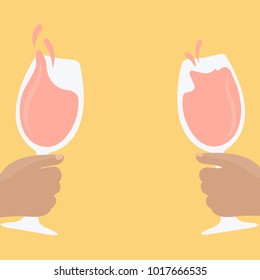 couple in love & two hands clinking holding red wine glass vector isolated in valentines day & holiday. cheers splashing cartoon flat design. man & woman in a simple clean background concept creative 