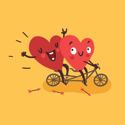 Couple In Love. Two Happy Hearts Biking. Happy Valentine's Day Vector Card