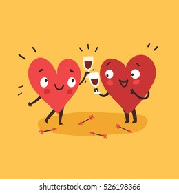 Couple in love. Two happy hearts in love drinking red wine