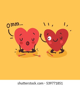 Couple in love. Two happy hearts doing yoga together. Funny idea for yoga studio or yoga class