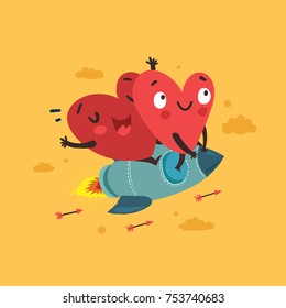 Couple in love. Two happy hearts flying on a rocket. Valentine's Day vector card. Romantic love story