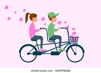 Couple in love two happy people, boy and girl biking with a lot of pink hearts arround sharing love, happy valentine's day card eps vector illustration