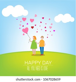 Couple in love. Two happy people and a lot of pink hearts around sharing love, happy valentine's day card eps vector illustration.