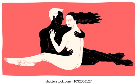 Couple in love. Two hugging lovers. Two sitting full length figures. Romantic concept. Vector illustration