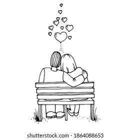 Couple in love. Two human sitting on bench. Hearts flying in the air. Valentines Day card. Doodle style hand drawn.