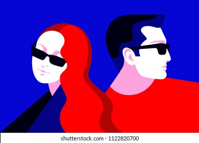 Couple in love, two lovers, man and woman, wearing sunglasses. Vector illustration