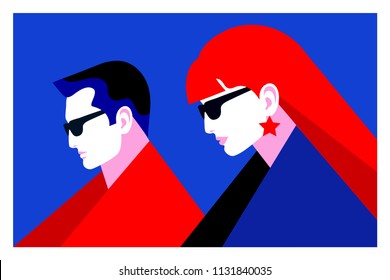 Couple in love, two lovers, man and woman, wearing sunglasses. Vector illustration