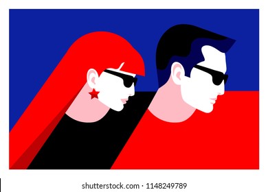 Couple in love. Two lovers, man and woman, wearing sunglasses. Vector illustration