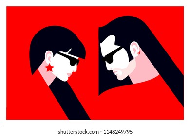 Couple in love. Two lovers, man and woman, wearing sunglasses. Vector illustration