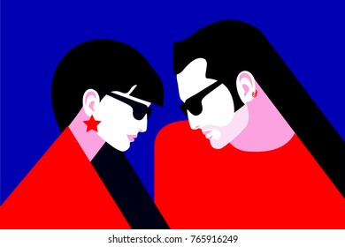 Couple in love. Two lovers, man and woman with long dark hair, wearing sunglasses and earrings. Vector illustration