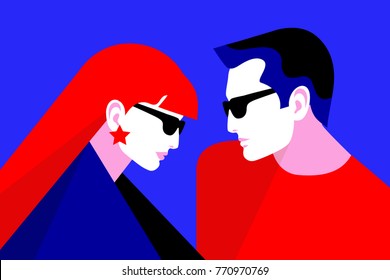 Couple in love. Two lovers, man and woman wearing sanglasses. Vector illustration