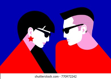 Couple in love. Two lovers, young man with punk hair and woman with long dark hair, wearing sunglasses and earrings. Vector illustration