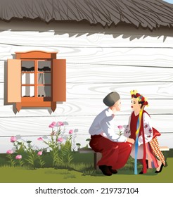 Couple in love in Ukrainian national costumes