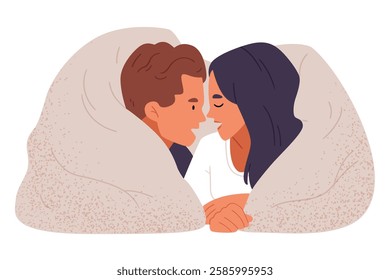 A couple in love under the covers.The family spends time together.