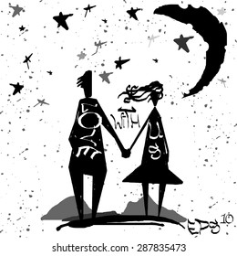 Couple in love under the moon.Typography Elements.Vintage Label
