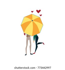 Couple in love under one big umbrella, rainy weather concept cartoon vector Illustration