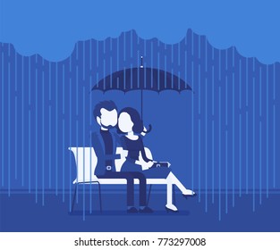 Couple in love under umbrella. Happy lovers sitting on bench feeling safe, secure from rain, together against danger of bad weather, common trust and believe. Vector illustration, faceless characters