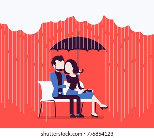 Couple in love under umbrella. Happy lovers sitting on bench feeling safe, secure from rain, together against danger of bad weather, common trust and believe. Vector illustration, faceless characters