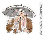 couple in love under an umbrella, lovers together with cups of coffee in their hands. Concept of love, family