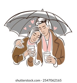 casal no amor sob um guarda-chuva, amantes juntamente com xícaras de café em suas mãos. Conceito de amor, família