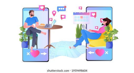 couple in love using mobile dating app man woman chatting during virtual meeting social relationships