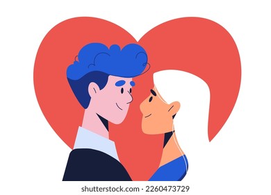 Pareja enamorada en el día de San Valentín. Adorable hombre y mujer mirándose el uno al otro antes de besarse. Ama de alma. 14 de febrero feriado. Ilustración vectorial aislada en fondo blanco. Animación,Web,postal