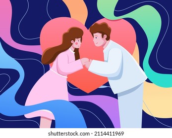 Couple in Love at Valentine's Day with Colorful Flat Illustration. Couple Celebrate Valentine Day 14 February. Cute illustration Man and Girl in Love. Can use for Greeting Card, Animation,Web,Postcard