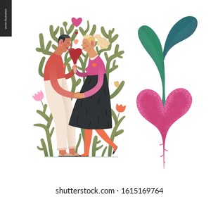 Couple in love - Valentines day graphics. Modern flat vector concept illustration - a young hetoresexual couple licking a heart shaped ice cream, a plant behind. Cute characters in love concept