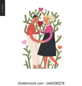 Couple in love - Valentines day graphics. Modern flat vector concept illustration - a young hetoresexual couple licking a heart shaped ice cream, a plant behind. Cute characters in love concept