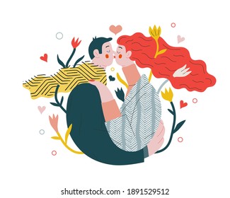 Couple in love - Valentines day graphics. Modern flat vector concept illustration - a young hetoresexual couple kissing and embracing. Hearts and flowers. Cute characters in love concept