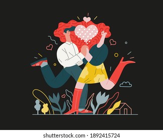 Couple in love - Valentines day graphics. Modern flat vector concept illustration - a young hetoresexual couple running towards each other, holding their hands. Heart. Cute characters in love concept