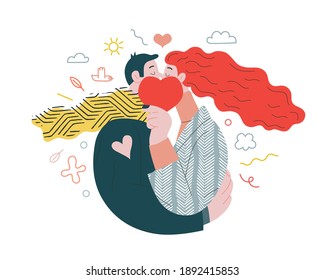 Couple in love - Valentines day graphics. Modern flat vector concept illustration - a young hetoresexual couple kissing and embracing. Hearts and flowers. Cute characters in love concept