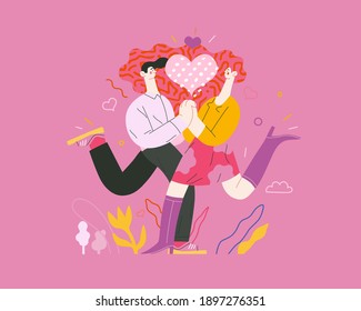 Couple in love - Valentines day graphics. Modern flat vector concept illustration - a young hetoresexual couple running towards each other, holding their hands. Heart. Cute characters in love concept