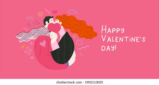 Couple in love - Valentines day graphics. Modern flat vector concept illustration - a young heterosexual couple kissing and embracing. Cute characters in love concept