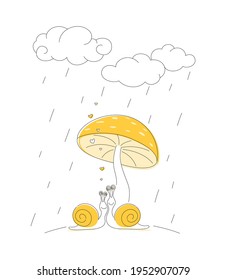 Couple in love. Vector hand drawn illustration for valentine day and greetings cards. Two yellow snail hides from the summer rain under mushroom.