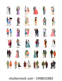 Couple in love vector illustration big collection. Woman and man in love. Girl and boy dancing. Wedding couple bride and groom ceremony. Senior people closeness. All generations family people set.