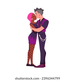 Couple in love, vector illustration in cartoon style isolated on white background. Young people, male and female characters hugging and kissing. Girl with pink hair and guy with mohawk, teen punks