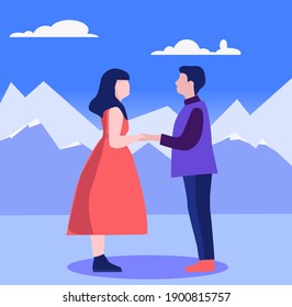 Couple in love. Vector illustration flat design.  Happy Couple holding hands. Man and Woman Characters in Love Having Romantic Date in outdoor.