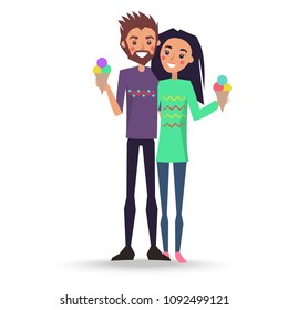 Couple in love vector illustration isolated on white. Married lovers eat ice cream on waffle cones. Smiling people have fun together