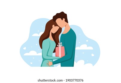 Couple in love vector illustration. Man and woman kissing, hugging, dating, embracing each other affectionately, love each other. Happy Valentines’ day concept. 
