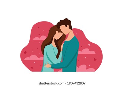 Couple in love vector illustration. Man and woman kissing, hugging, dating, embracing each other affectionately, love each other. Happy Valentines’ day concept. 