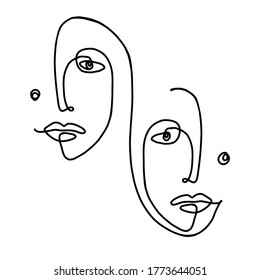 couple in love vector. couple line drawing. man and woman logo. people faces. faces of woman drawn in black continuous line in trendy modern minimalism style. Fashion print