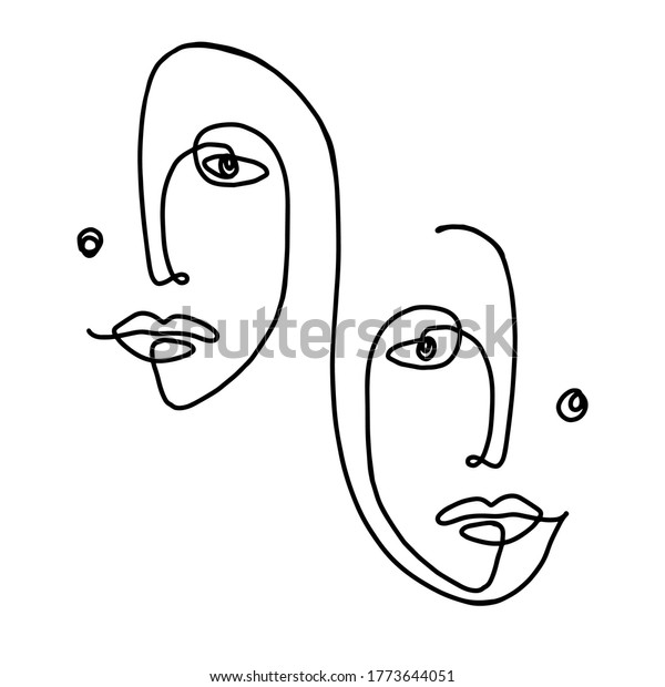 couple in love\
vector. couple line drawing. man and woman logo. people faces.\
faces of woman drawn in black continuous line in trendy modern\
minimalism style. Fashion\
print