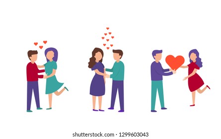 Couple in love vector set. Characters for the feast of Saint Valentine's Day. Isolated on white background. Young men and women in love hugging. Flat design. Vector illustration.